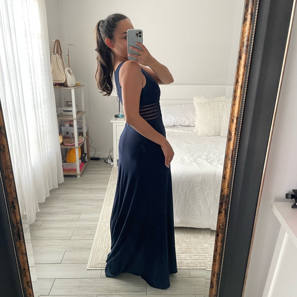 Morgan & Co. Navy Blue Mesh Cutout Slit Formal Maxi Dress Size 1/2 - Picture 5 of 7